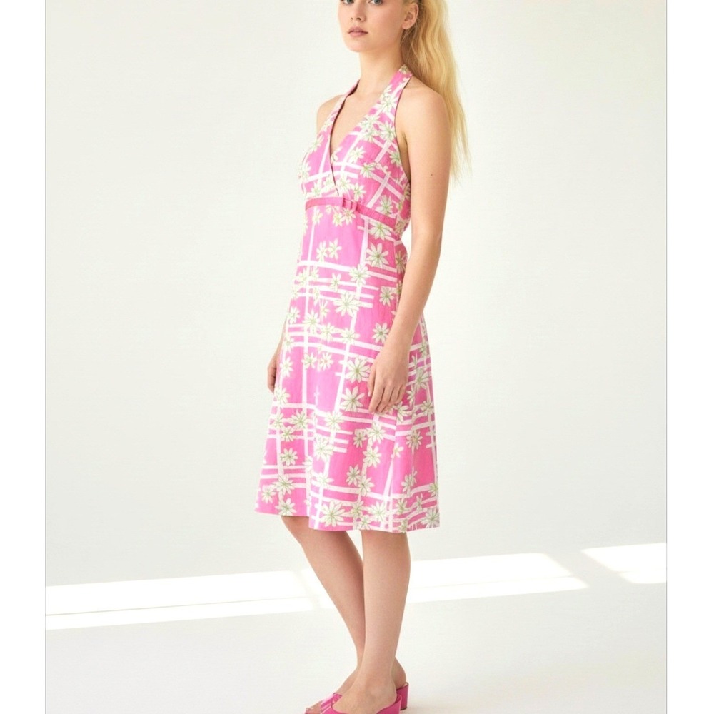Lilly Pulitzer Floral Halter Sundress Pink Green Women's Cotton Lined Sz 10